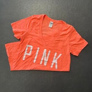 Victoria's Secret PINK Neon Coral V-Neck Graphic Tee Women's M